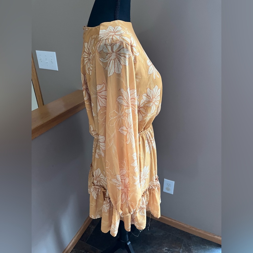 Flying Tomato Mustard Yellow Floral Long-Sleeve Tiered Dress - Picture 2 of 8